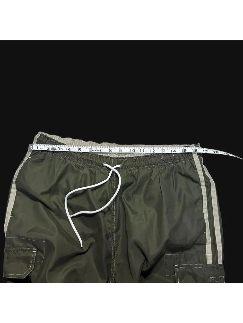 90s y2k indie old navy olive green swim shorts with strips on the side